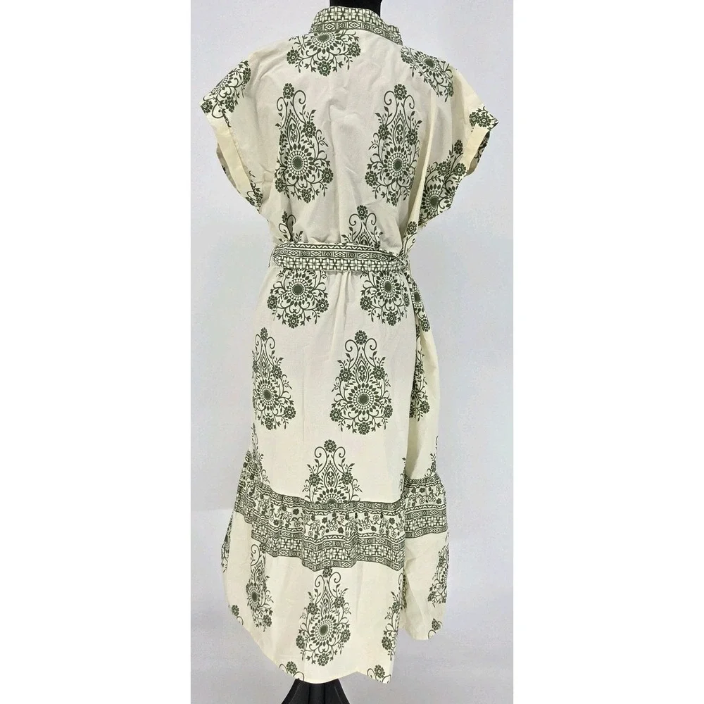 Kaktus Boho Midi Dress Large Tropical Floral Belted Cottagecore
